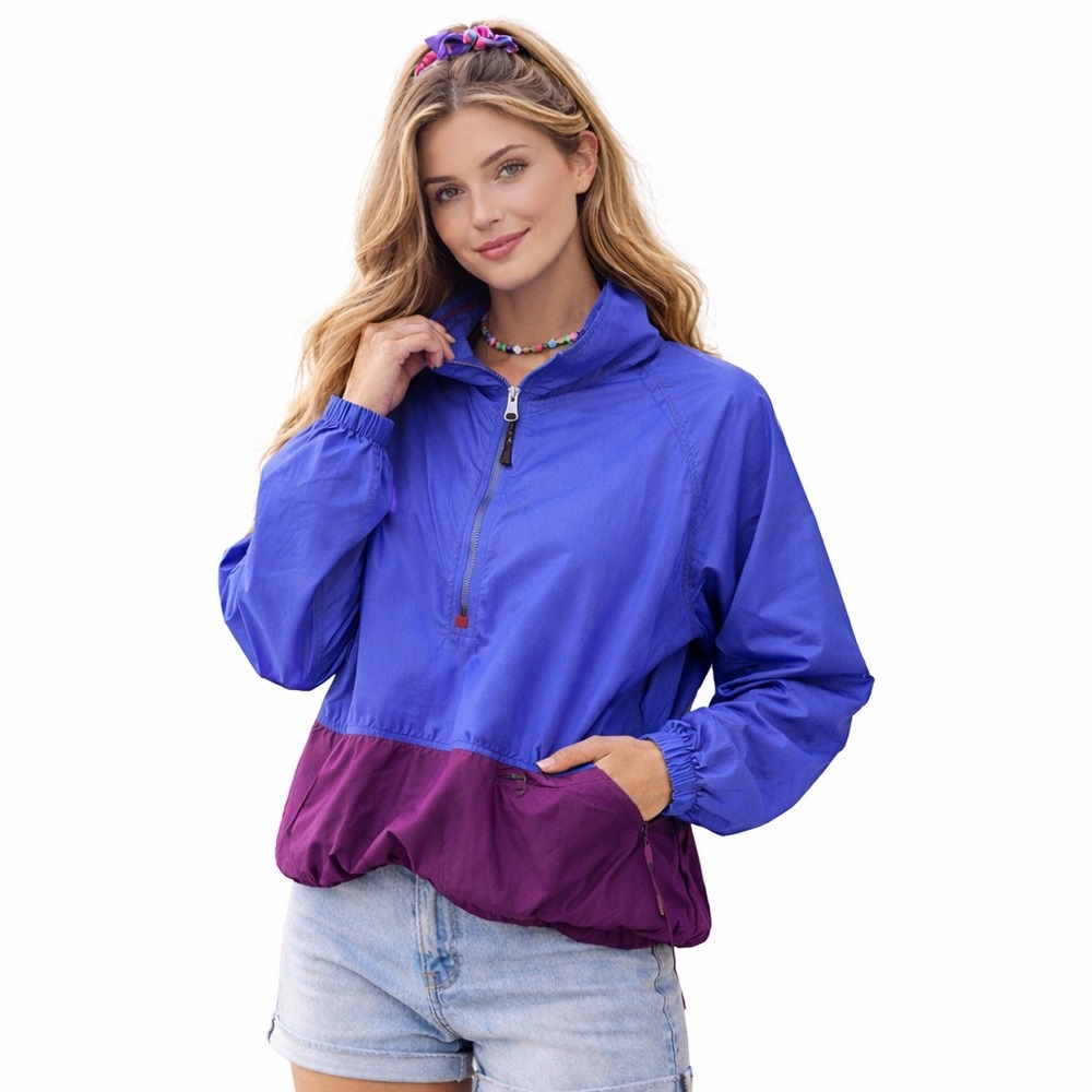 L.L. Bean Vtg Purple Blue Colorblock Anorak Half Zip Windbreaker Jacket Size L‎